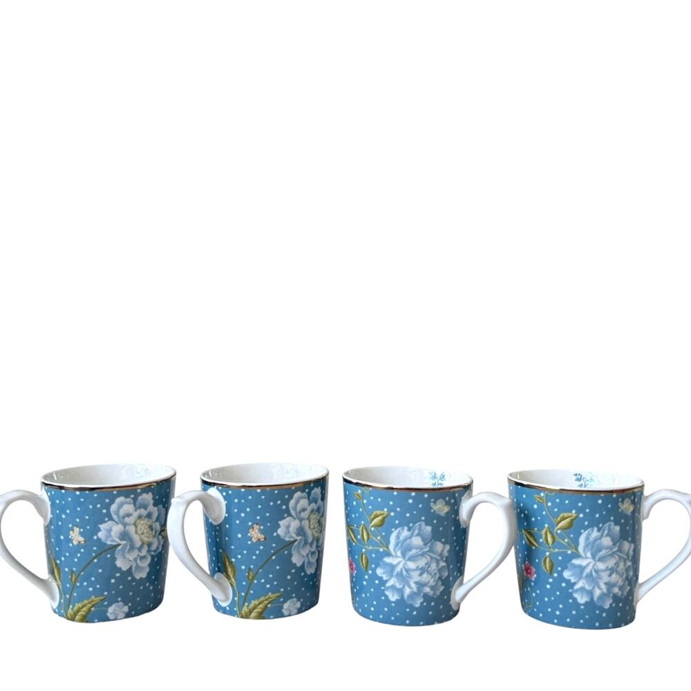 Laura Ashley Porcelain Blue Floral Mugs 10oz Set of 4 Gold Accents New